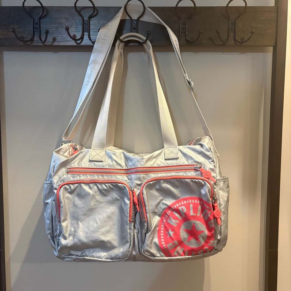 Kipling Stefany Large Metallic Silver Pink Travel Tote Crossbody Shoulder Bag